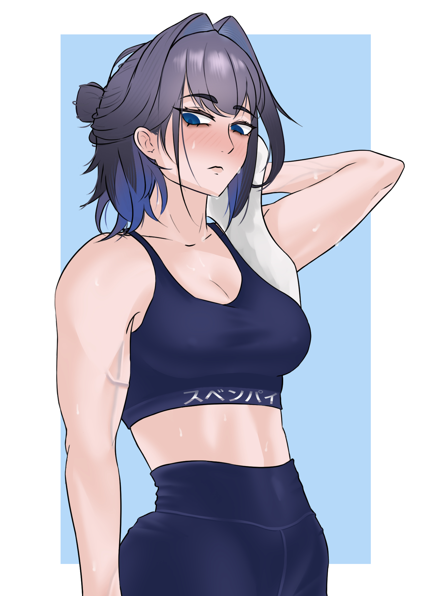 ouro kronii, hololive, hololive english, highres, 1girl, arm at side, arm up, blue background, blue eyes, blue hair, blush, border, bottle, breasts, colored inner hair, cowboy shot, hair bun, hair intakes, large breasts, looking down, medium hair, midriff, multicolored hair, shorts, simple background, solo, sports bra, sportswear, svenpai, sweat, toned, toned female, towel, virtual youtuber, water bottle, white border, wiping face, workout clothes