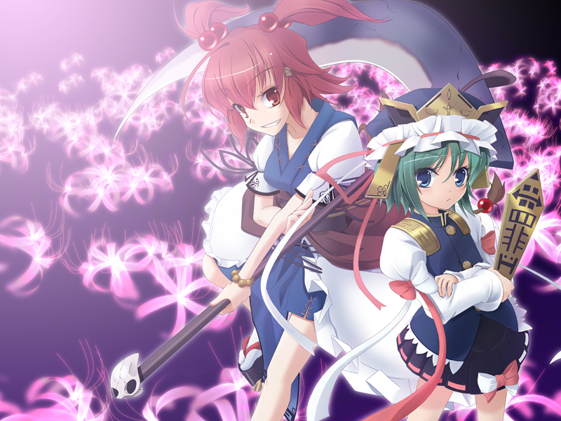 wapokichi, onozuka komachi, shiki eiki, touhou, 2girls, blue eyes, blush, bow, bracelet, crossed arms, female focus, flower, green hair, grin, hair bobbles, hair ornament, hat, japanese clothes, jewelry, multiple girls, red eyes, red flower, red hair, ribbon, rod of remorse, scythe, short hair, short twintails, skirt, smile, spider lily, sunlight, twintails, two side up