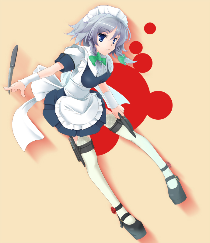 wapokichi, izayoi sakuya, touhou, silver hair, 1girl, blue eyes, braid, female focus, knife, maid, maid headdress, short hair, side braid, solo, thighhighs, twin braids, twintails, white thighhighs