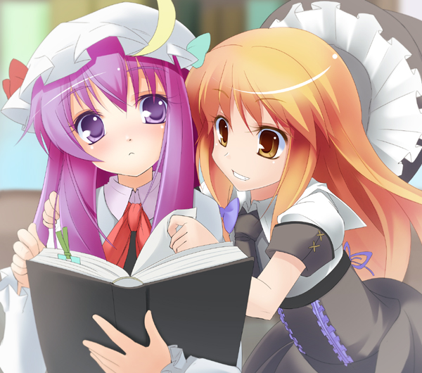 wapokichi, kirisame marisa, patchouli knowledge, touhou, hand on shoulder, 2girls, :<, adapted costume, blonde hair, book, female focus, grin, hat, holding, holding book, long hair, multiple girls, open book, orange eyes, orange hair, purple eyes, purple hair, smile, unworn hat, unworn headwear