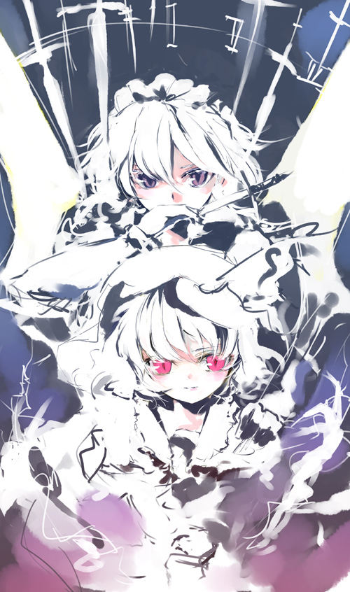 mo, shunsei (muratou), izayoi sakuya, remilia scarlet, touhou, silver hair, 2girls, blue eyes, collarbone, dagger, dress, expressionless, female focus, glowing, glowing eyes, height difference, knife, looking at viewer, maid headdress, multiple girls, red eyes, shaded face, short hair, upper body, weapon