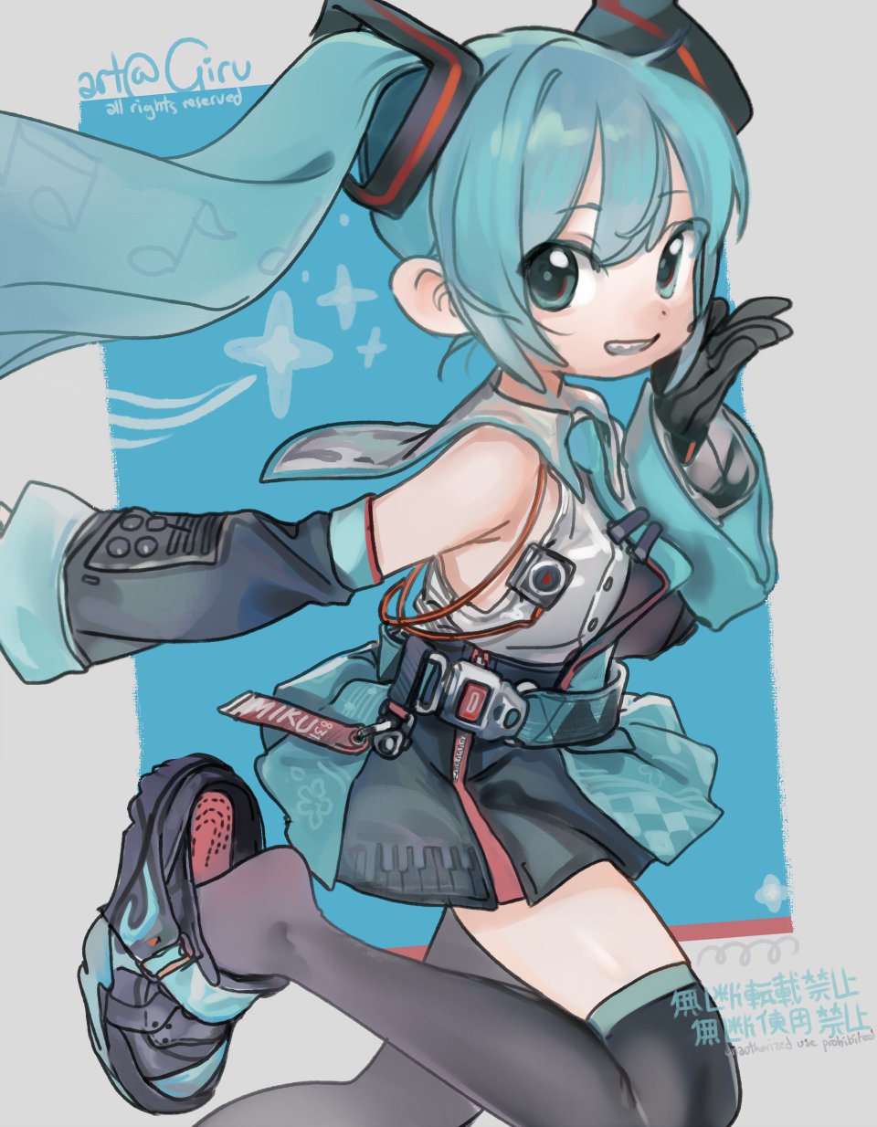 girutea, hatsune miku, vocaloid, commentary, english commentary, highres, 1girl, artist name, black gloves, black skirt, black sleeves, black thighhighs, blue eyes, blue hair, blue necktie, detached sleeves, gloves, long hair, looking at viewer, miniskirt, necktie, parted lips, pleated skirt, shirt, skirt, smile, solo, thighhighs, twintails, white shirt