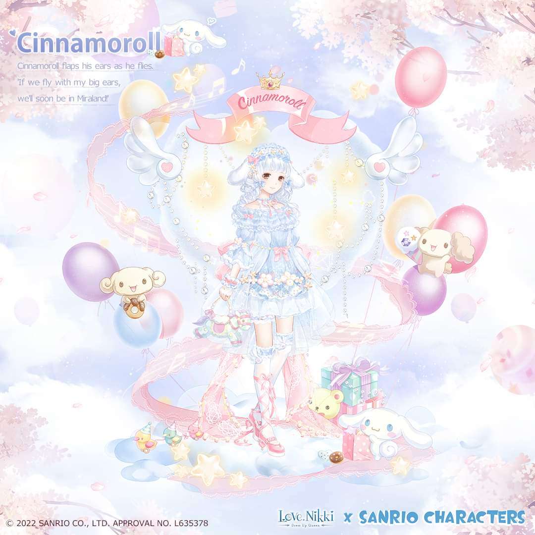 cinnamoroll, fuwa fuwa cinnamoroll, miracle nikki, nikki (series), sanrio, artist request, official art, 1girl, 2022, animal ears, balloon, blue dress, blue hairband, blue sky, blunt bangs, bow, bowtie, brown eyes, character name, cherry blossoms, choker, cinnamoroll (cosplay), cinnamoroll (miracle nikki), closed mouth, cloud, company name, copyright name, copyright notice, cosplay, day, dog ears, dot nose, dress, drill hair, floppy ears, flower, frilled choker, frilled dress, frilled hairband, frilled socks, frills, full body, gift, hairband, happy, high heels, leg ribbon, light blush, light particles, logo, lolita hairband, long hair, mary janes, musical note, neck ribbon, off-shoulder dress, off shoulder, outdoors, over-kneehighs, pink bow, pink bowtie, pink flower, pink shoes, puffy short sleeves, puffy sleeves, purple ribbon, ribbon, shoes, short sleeves, sky, smile, socks, solo, spring (season), standing, star (symbol), stiletto heels, thighhighs, tree, white choker, white hair, white socks, winged heart