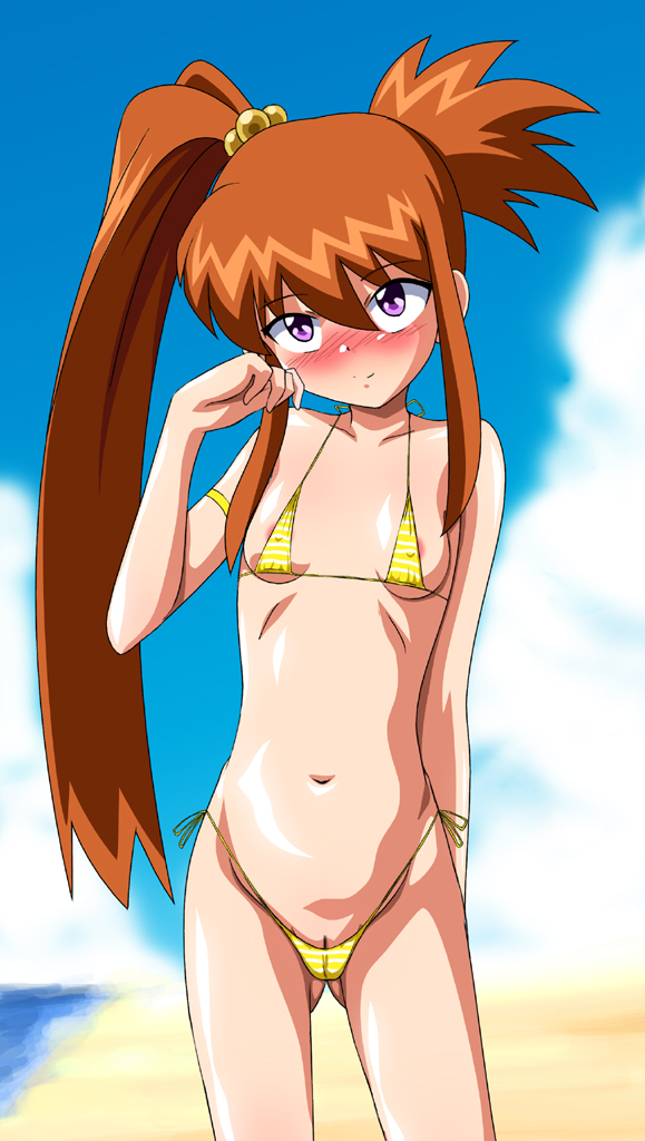 makino tomoyasu, sendou nana, b-daman, bakukyuu hit! crash b-daman, 00s, 1990s (style), bikini, blush, brown hair, cameltoe, loli, purple eyes, pussy, pussy peek, retro artstyle, swimsuit