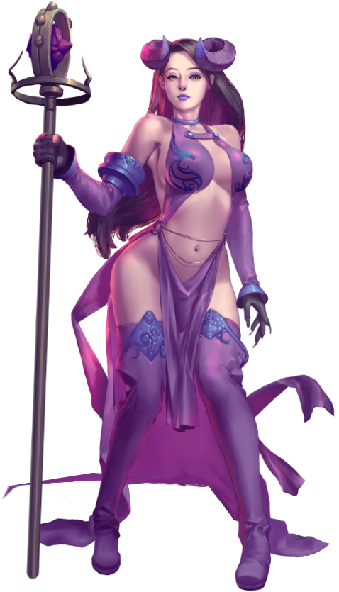 crystal maiden (series), artist request, game cg, official art, variant set, 1girl, bare shoulders, breasts, brown eyes, cleavage, demon horns, detached sleeves, edana (crystal maidens), fingernails, full body, holding, holding staff, horns, long fingernails, long hair, looking to the side, navel, purple eyes, purple hair, sideboob, solo, staff, transparent background