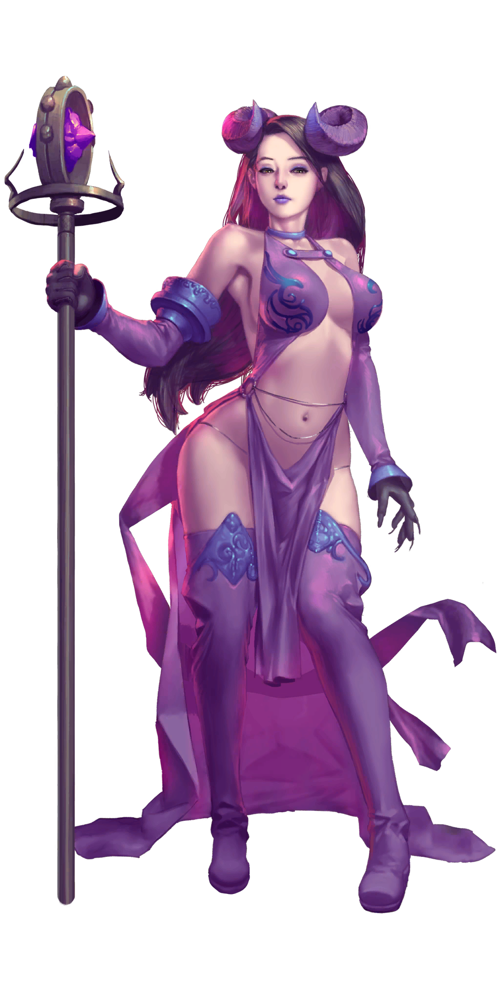 crystal maiden (series), artist request, bad source, game cg, highres, official art, third-party source, variant set, 1girl, bare shoulders, breasts, brown eyes, cleavage, demon horns, detached sleeves, edana (crystal maidens), fingernails, full body, holding, holding staff, horns, long fingernails, long hair, looking to the side, navel, purple eyes, purple hair, sideboob, solo, staff, transparent background