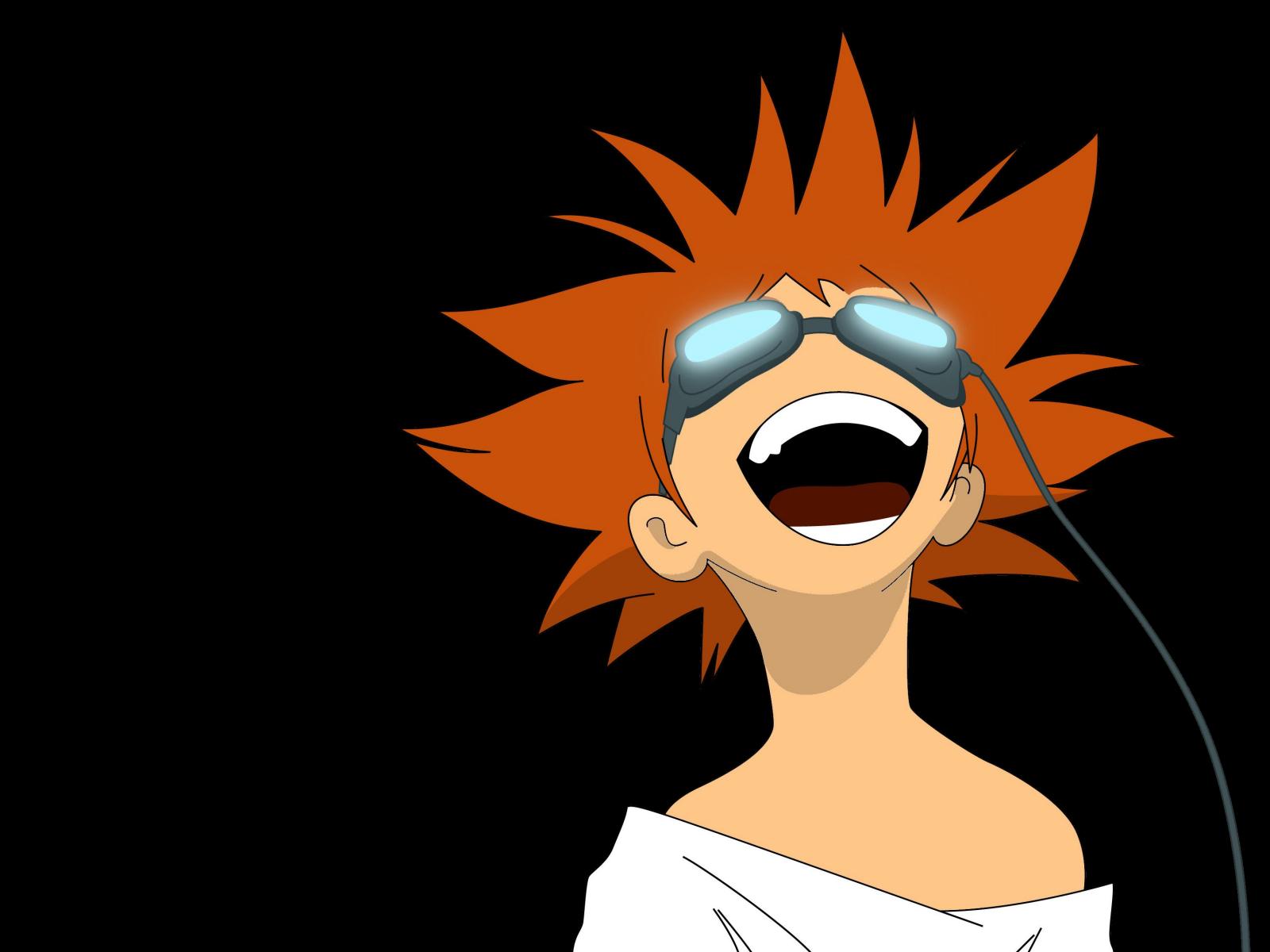 edward wong hau pepelu tivrusky iv, cowboy bebop, highres, 1990s (style), 1girl, androgynous, black background, black theme, child, female focus, glowing, goggles, happy, messy hair, open mouth, orange hair, retro artstyle, reverse trap, solo