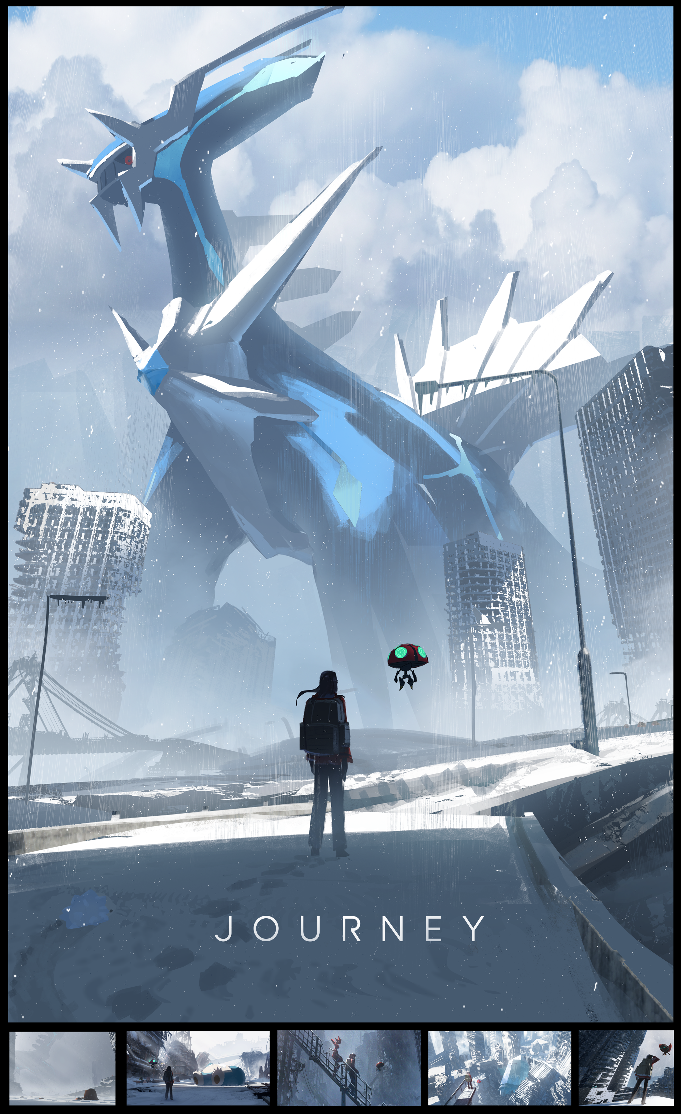 asteroid ill, dialga, orbeetle, nintendo, original, pokemon, absurdres, highres, 1boy, bag, black hair, black sclera, blue sky, bridge, bug, building, chest jewel, city, closed mouth, cloud, colored sclera, day, dragon, fangs, from below, gem, gen 4 pokemon, gen 8 pokemon, lamppost, legendary pokemon, long hair, looking at another, multiple others, outdoors, pants, pokemon (creature), red eyes, road, ruins, scenery, shadow, size difference, sky, skyscraper, standing, street, watermark