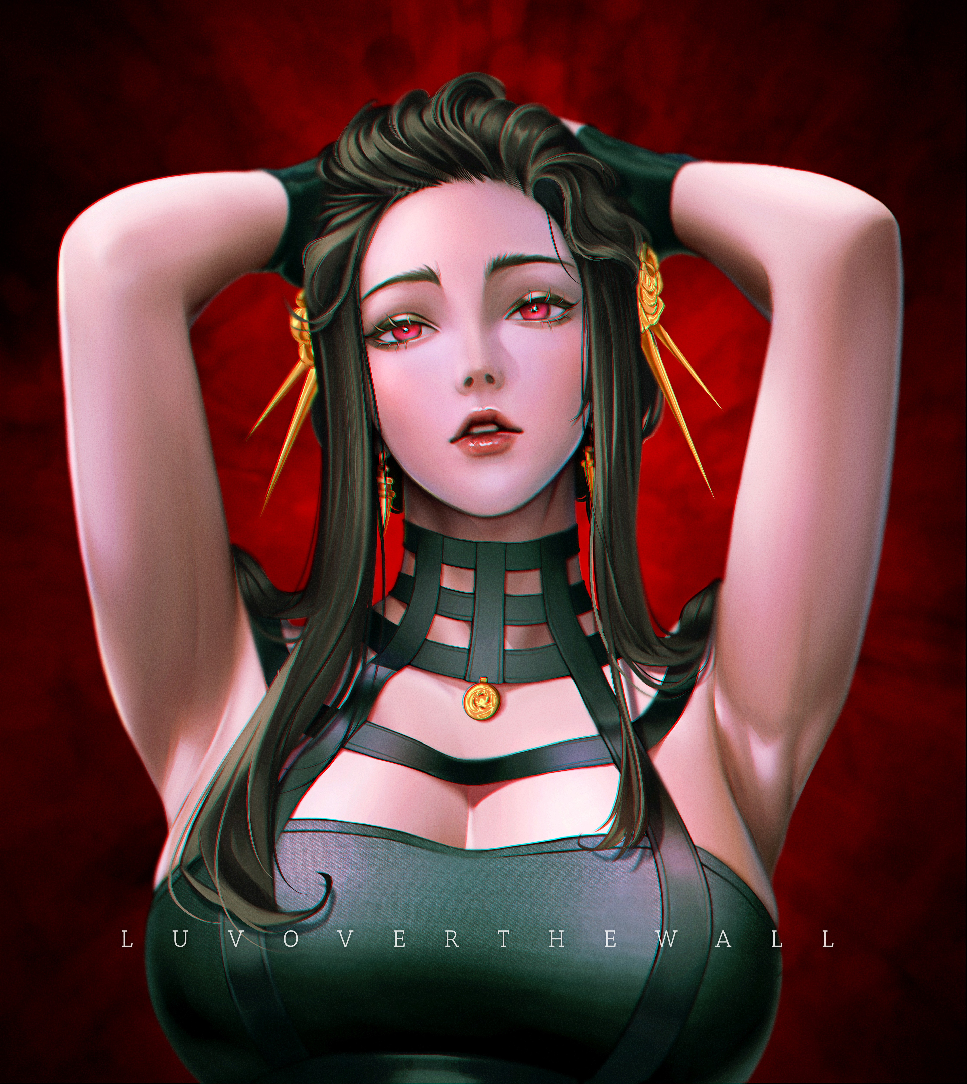 yor briar, spy x family, absurdres, highres, 1girl, armpits, arms behind head, arms up, bare shoulders, black dress, black hair, blush, breasts, cleavage, dress, earrings, gloves, gold earrings, gold hairband, hair ornament, hairband, jewelry, large breasts, long hair, looking at viewer, luvoverthewall, open mouth, presenting armpit, red eyes, sidelocks, solo, two-sided dress, two-sided fabric