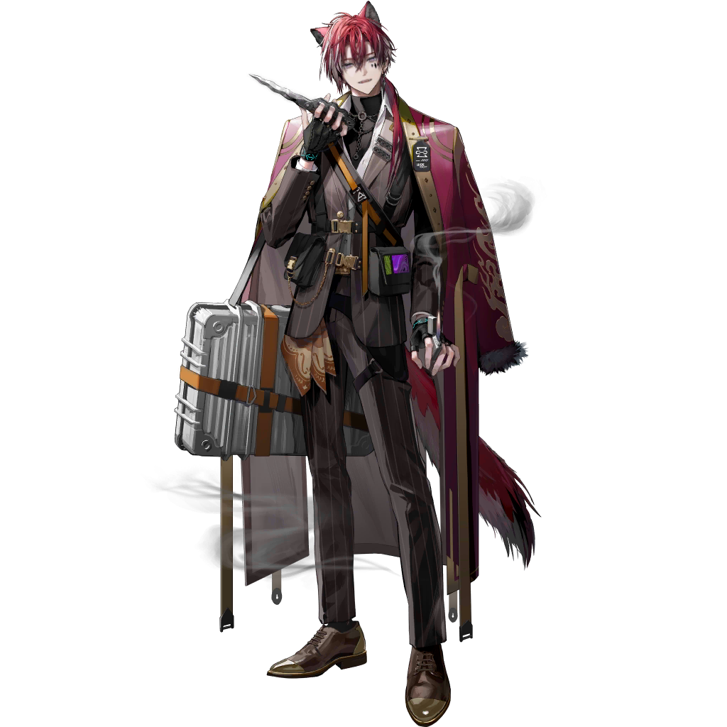lowro (en), infection monitor (arknights), arknights, official art, third-party source, 1boy, animal ears, bishounen, black gloves, black shirt, brown jacket, brown pants, brown shoes, brown suit, coat, coat on shoulders, demetri certaldo (arknights), dress shirt, facial mark, fingerless gloves, formal clothes, full body, fur-trimmed sleeves, fur trim, gloves, holding, holding knife, holding lighter, jacket, knife, lapels, lighter, looking at viewer, male focus, oxfords, pants, pink eyes, red coat, red hair, shirt, shoes, short hair with long locks, shoulder suitcase, simple background, smile, solo, standing, striped clothes, striped jacket, striped pants, suit, suitcase, tachi-e, tail, transparent background, turtleneck, turtleneck shirt, undershirt, vertical-striped clothes, vertical-striped jacket, vertical-striped pants, vertical-striped suit, white shirt, wolf boy, wolf ears, wolf tail, zippo lighter