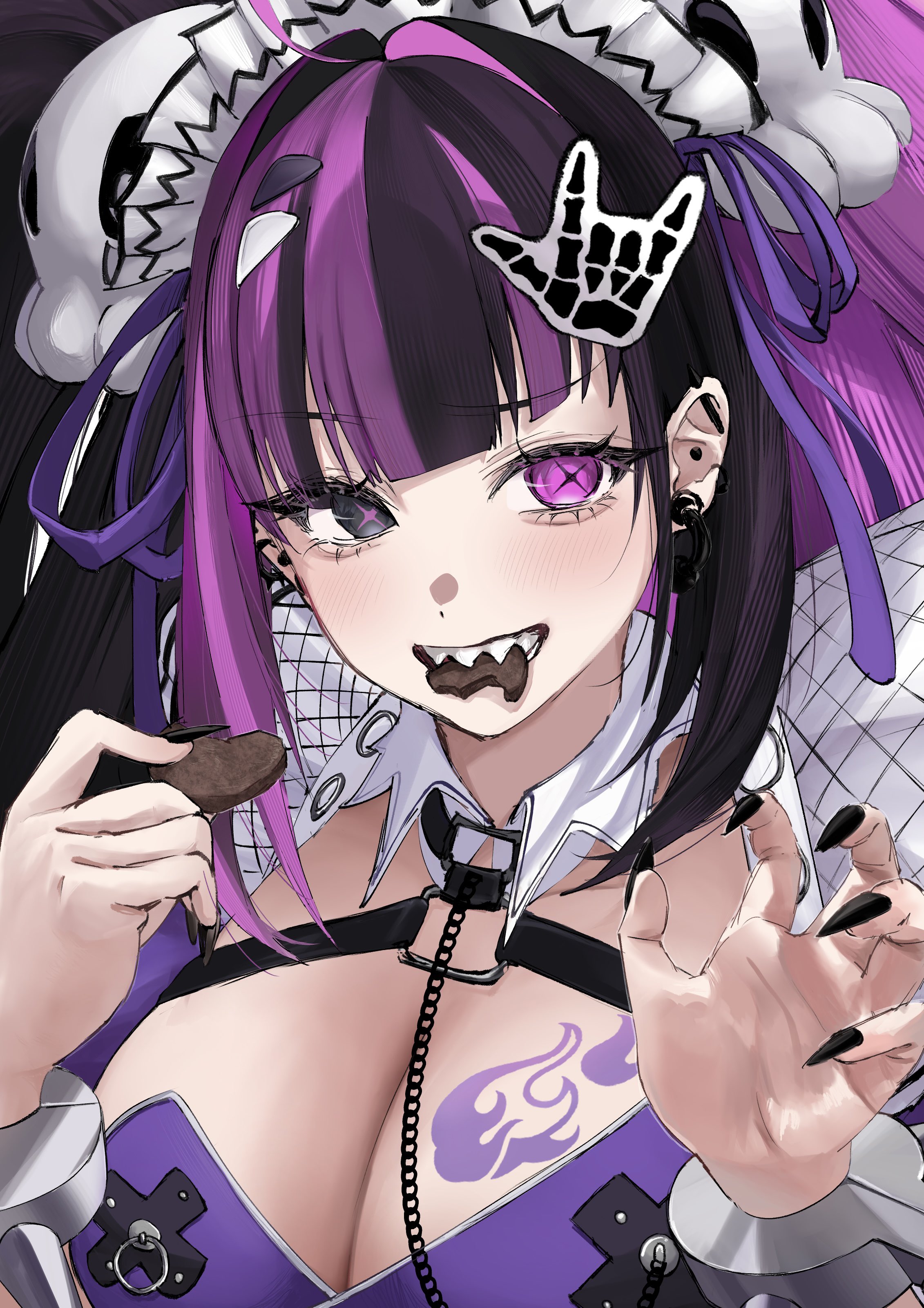 original, absurdres, commentary request, highres, + +, 1girl, black hair, black nails, bracelet, breasts, chocolate, detached collar, earrings, eating, fingernails, grey eyes, hair ornament, hair ribbon, headdress, heterochromia, jewelry, large breasts, long fingernails, long hair, multicolored hair, multiple earrings, otsukisama4951, portrait, punk, purple eyes, purple hair, purple ribbon, purple shirt, ribbon, sharp fingernails, sharp teeth, shirt, solo, streaked hair, teeth
