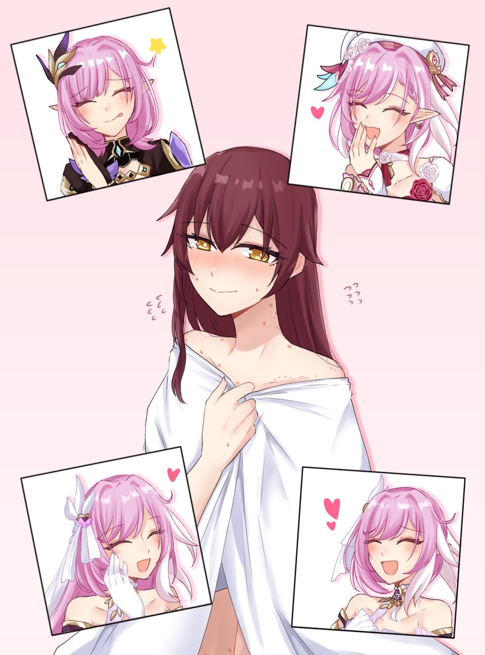 eden (honkai impact), elysia (herrscher of human: ego) (honkai impact), elysia (honkai impact), elysia (miss pink elf) (honkai impact), honkai (series), honkai impact 3rd, commentary, highres, symbol-only commentary, 5girls, bare shoulders, beret, blush, brown hair, earrings, elf, elysia (hi elf of love) (honkai impact), gloves, hat, heart, heart earrings, hickey, jewelry, licking lips, long hair, multicolored hair, multiple girls, multiple persona, naked robe, pink hair, pointy ears, robe, short hair, tongue, tongue out, toufu 0626, two-tone hair, very long hair, white gloves, white hair, white hat, white robe, yuri