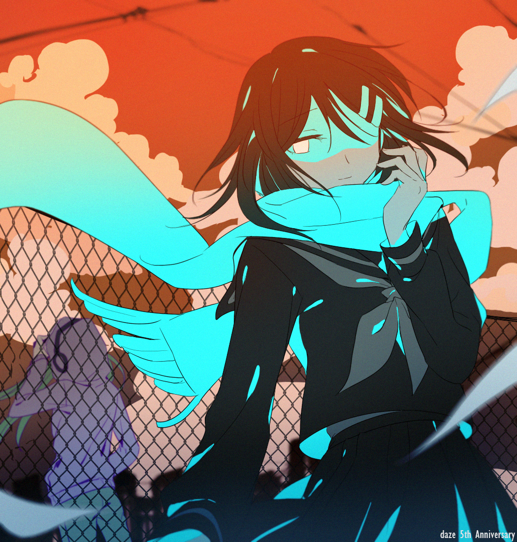 aaniko, kido tsubomi, tateyama ayano, daze (kagerou project), kagerou project, commentary request, 2girls, anniversary, aqua scarf, chain-link fence, closed mouth, cloud, cloudy sky, cowboy shot, evening, facing away, fence, floating scarf, fringe trim, from behind, hair ornament, hairclip, hood, hood up, hoodie, long hair, long sleeves, looking at viewer, multiple girls, neckerchief, no pupils, orange sky, outdoors, pants, partially colored, petals, pink eyes, pleated skirt, sailor collar, scarf, school uniform, serafuku, shirt, skirt, sky, solo focus, song name, standing, wind
