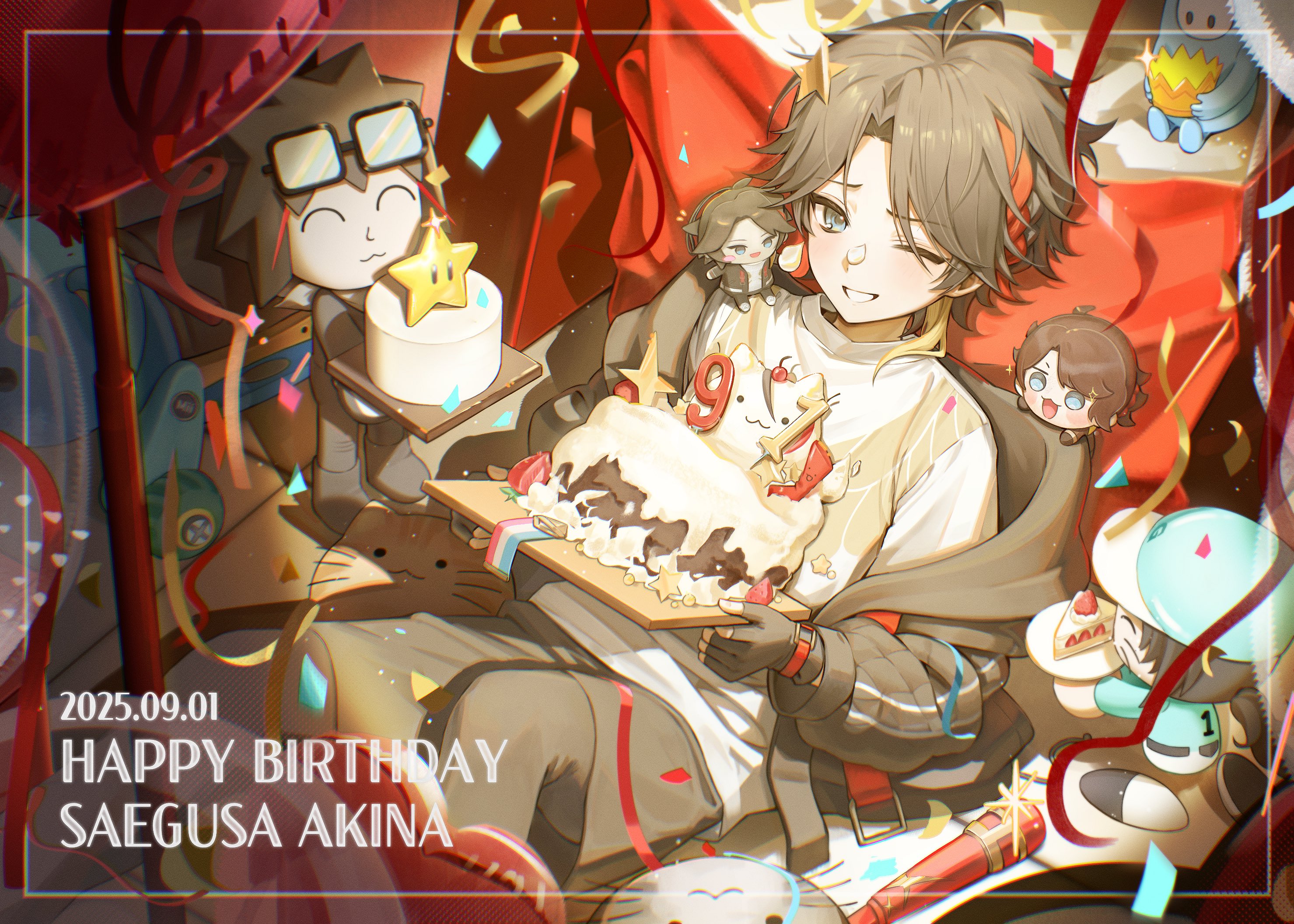 nido (oobo1245), saegusa akina, saegusa akina (1st costume), nijisanji, highres, 1boy, ahoge, balloon, birthday, birthday cake, black gloves, black jacket, blue eyes, brown hair, cake, chibi, confetti, dated, eyewear on head, food, glasses, gloves, grey pants, happy birthday, holding, jacket, looking at viewer, male focus, multicolored hair, multiple boys, one eye closed, pants, party popper, shirt, short hair, smile, streaked hair, streamers, virtual youtuber, white shirt