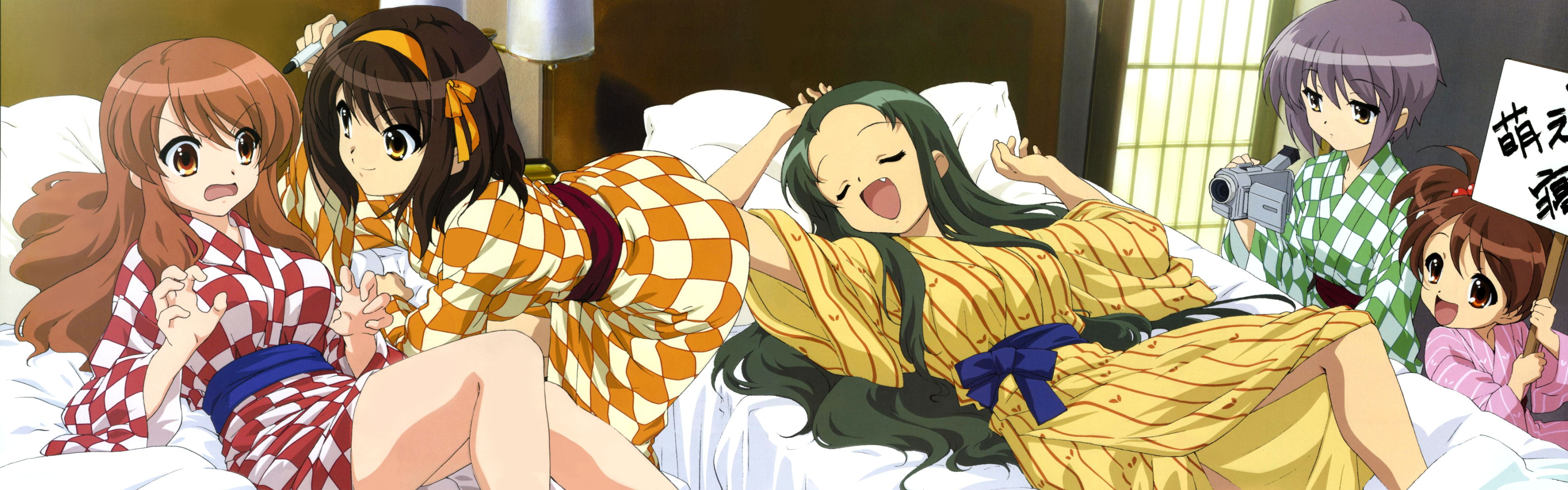 asahina mikuru, kyon no imouto, nagato yuki, suzumiya haruhi, tsuruya, suzumiya haruhi no yuuutsu, absurdres, highres, long image, wide image, 00s, dualscreen