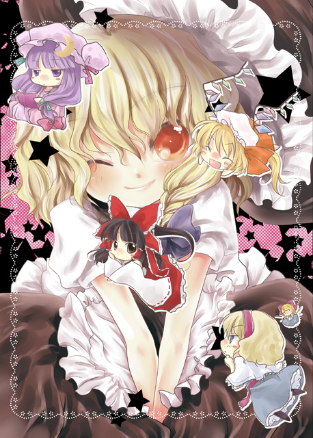 komomo riri, alice margatroid, flandre scarlet, hakurei reimu, hourai doll, kirisame marisa, patchouli knowledge, shanghai doll, touhou, 5girls, blonde hair, bow, chibi, female focus, hair ribbon, hat, mob cap, multiple girls, one eye closed, pink bow, ribbon, star (symbol), wink
