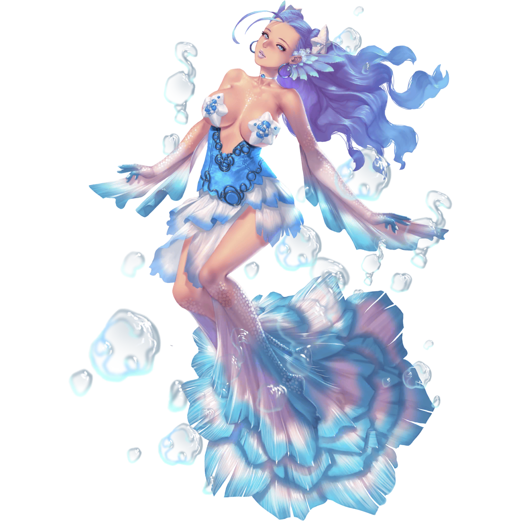 crystal maiden (series), artist request, bad source, game cg, highres, official art, variant set, 1girl, antenna hair, bare shoulders, blue eyes, blue hair, blue lips, breasts, bubble, cleavage, collar, earrings, full body, jewelry, long hair, solo, starfish bikini, starfish hair ornament, taki (crystal maidens), transparent background