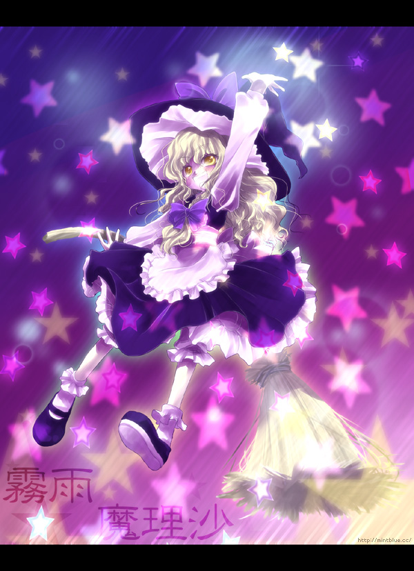komomo riri, kirisame marisa, touhou, 1girl, blonde hair, broom, broom riding, female focus, hair ribbon, hat, long hair, ribbon, solo, star (symbol), witch, witch hat