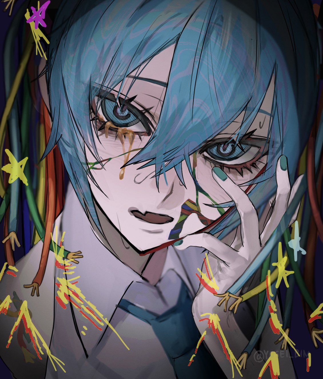 yosei bin, hatsune miku, vocaloid, highres, 1girl, aqua eyes, aqua hair, aqua nails, blue eyes, blue hair, blue necktie, cracked skin, fang, hair between eyes, hand on own face, hand up, long hair, looking at viewer, nail polish, necktie, open mouth, portrait, shirt, skin fang, sleeveless, sleeveless shirt, solo, star (symbol), sweat, twintails, twitter username, white shirt