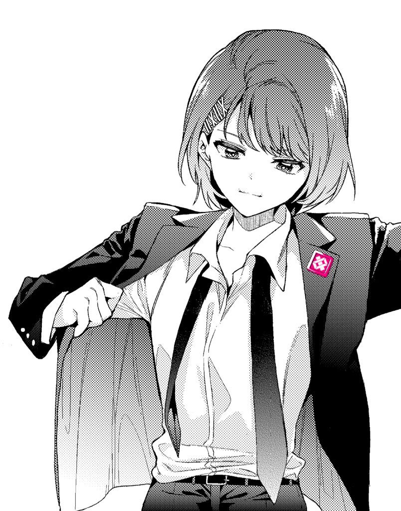 kawauchi (bsyesterday), hypnosis mic, hypnosis mic: rule the stage, 1girl, adjusting clothes, amatsumi inori, arm out of frame, asymmetrical bangs, belt, bob cut, collarbone, collared shirt, cowboy shot, facing viewer, formal clothes, greyscale, hair ornament, hairpin, halftone, head tilt, jacket, lapel pin, lapels, light smile, long sleeves, looking down, monochrome, multiple hairpins, necktie, notched lapels, open clothes, open jacket, pant suit, pants, shirt, shirt tucked in, short hair, simple background, solo, spot color, suit, suit jacket, swept bangs, undone necktie, white background