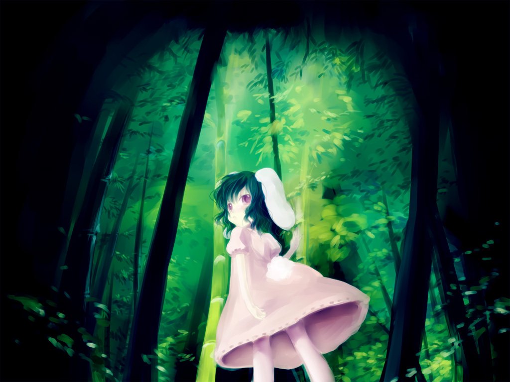 komomo riri, inaba tewi, touhou, 1girl, animal ears, bamboo, bamboo forest, female focus, forest, nature, rabbit ears, solo