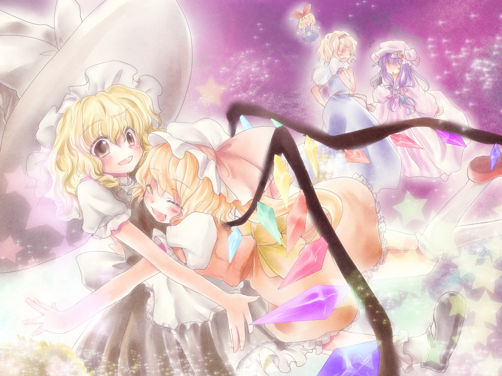 komomo riri, alice margatroid, flandre scarlet, hourai doll, kirisame marisa, patchouli knowledge, touhou, highres, 4girls, blonde hair, female focus, hat, hug, jealous, long hair, multiple girls, star (symbol), wings, witch, witch hat