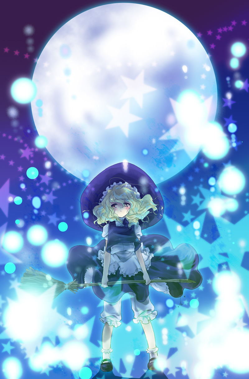 komomo riri, kirisame marisa, touhou, highres, 1girl, blonde hair, blue eyes, blush, broom, female focus, hat, moon, outdoors, skirt, sky, solo, star (symbol), underwear, witch, witch hat