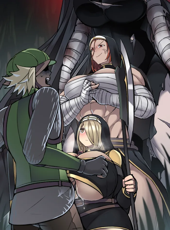 1boy, 3girls, axe, blonde hair, elf, multiple girls, paizuri, pointy ears, red hair
