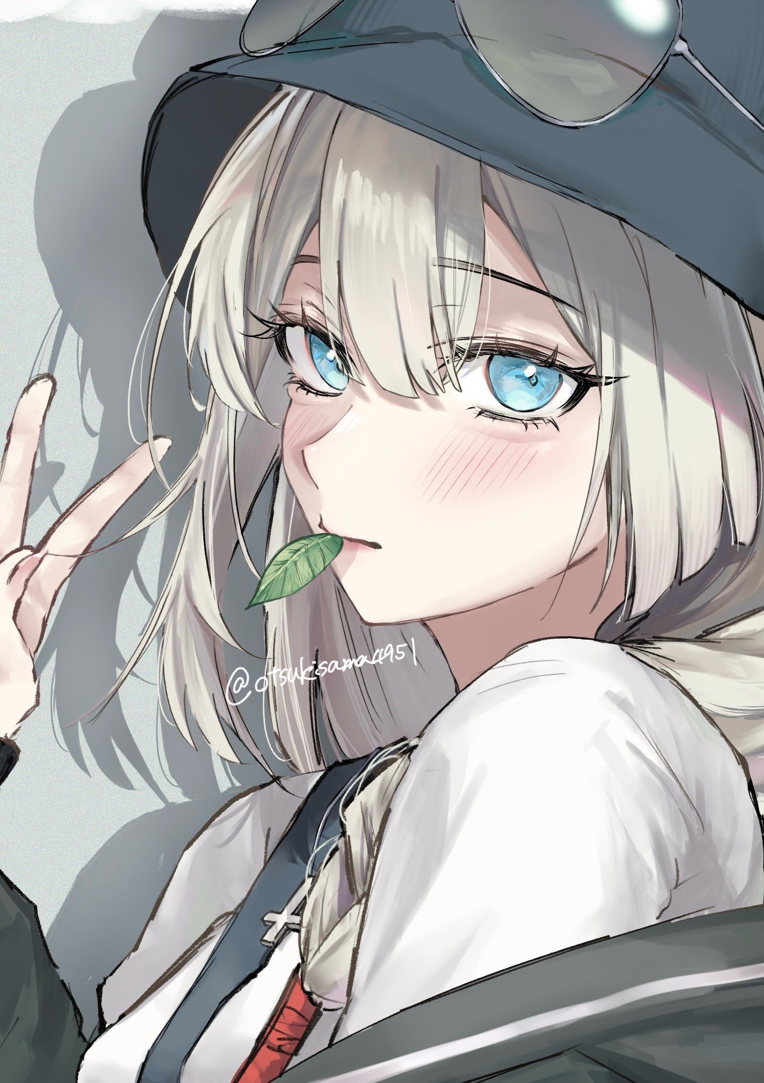original, commentary request, commission, commissioner upload, highres, skeb commission, 1girl, aviator sunglasses, black coat, black hat, blonde hair, blue eyes, braid, bucket hat, coat, coat partially removed, cross, cross necklace, eyewear on head, hat, inverted cross, jewelry, leaf in mouth, long hair, looking at viewer, necklace, off shoulder, otsukisama4951, portrait, shirt, side braid, signature, solo, sunglasses, v, white shirt, yume (shuii)