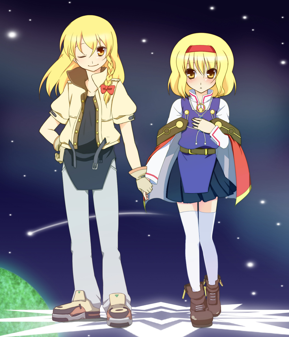 nigo (aozoragarou), alice margatroid, claude c. kenny, kirisame marisa, rena lanford, star ocean, star ocean: the second story, touhou, white legwear, 2girls, ;), alternate costume, belt, blonde hair, blush, boots, capelet, casual, claude c. kenny (cosplay), cosplay, denim, female focus, gloves, hand on own chest, hand on own hip, holding hands, jacket, jeans, miniskirt, multiple girls, night, night sky, one eye closed, outdoors, pants, parody, pleated skirt, rena lanford (cosplay), ribbon, shirt, shoes, skirt, sky, smile, sneakers, star (sky), starry sky, thighhighs, vest, walking, wink, zettai ryouiki