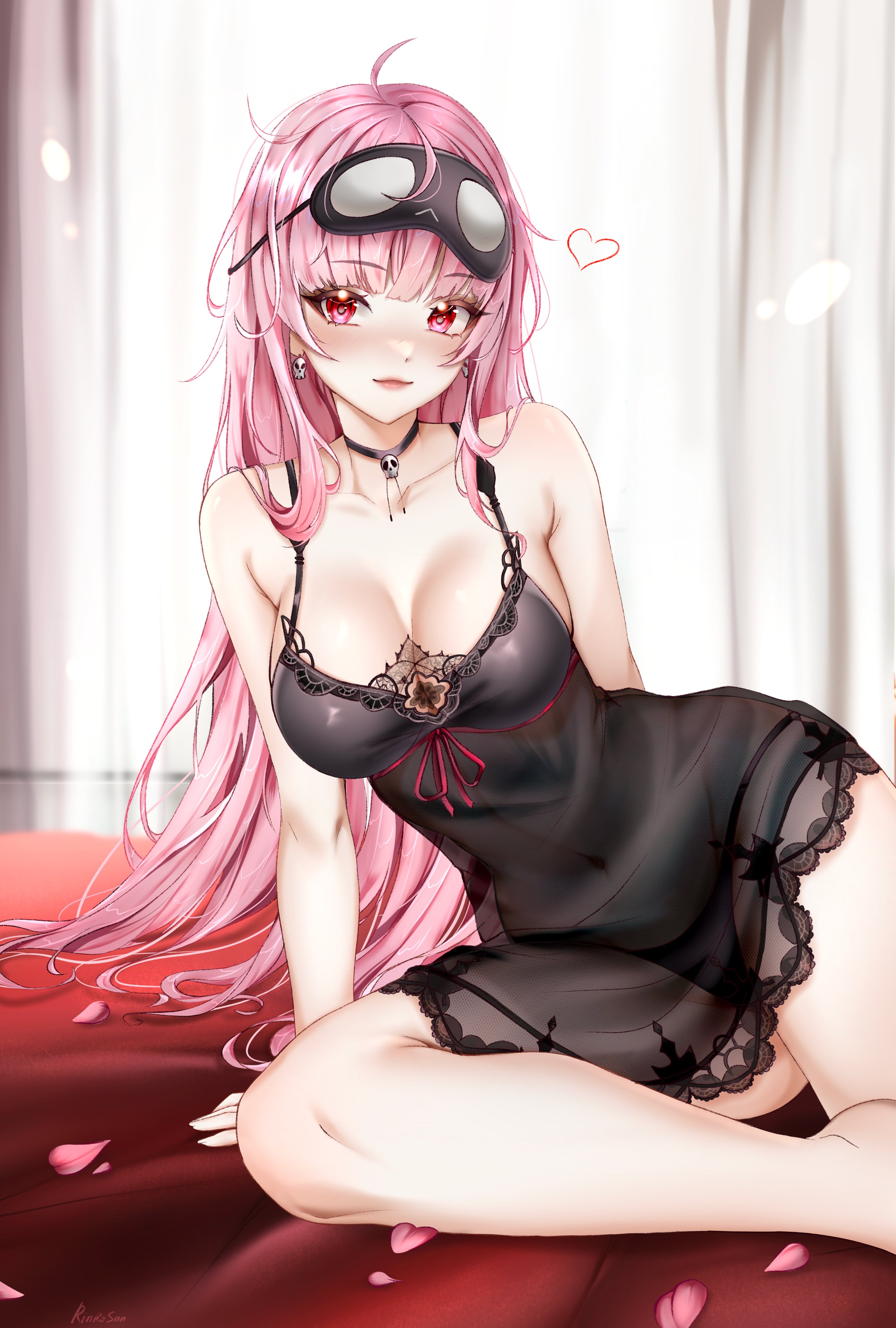 rinkosannn, mori calliope, mori calliope (sleepwear), hololive, hololive english, absurdres, highres, 1girl, bare shoulders, bed, bed sheet, bedroom, black choker, black mask, black nightgown, blush, breasts, choker, cleavage, collarbone, double strap slip, earrings, indoors, jewelry, lace-trimmed nightgown, large breasts, long hair, looking at viewer, mask, mask on head, messy hair, nightgown, official alternate costume, on bed, pink eyes, pink hair, red eyes, skull choker, skull collar, skull earrings, sleep mask, sleepwear, solo, virtual youtuber