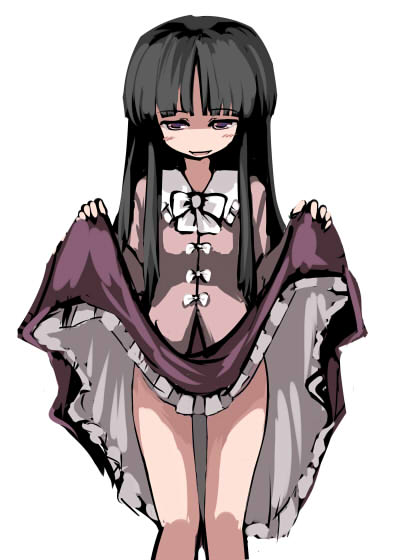 gatau, houraisan kaguya, touhou, 1girl, black hair, blunt bangs, blush, bow, bowtie, clothes lift, female focus, lifting own clothes, long hair, looking at viewer, ribbon, shirt, sidelocks, simple background, skirt, skirt lift, smile, smirk, solo, standing, thigh gap, white background