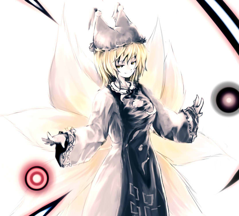 suisai (suisao), yakumo ran, touhou, 1girl, animal ears, animal hat, blonde hair, female focus, fox ears, fox tail, hat, long sleeves, looking at viewer, mob cap, multiple tails, short hair, simple background, solo, standing, tabard, tail, tassel, white background, wide sleeves