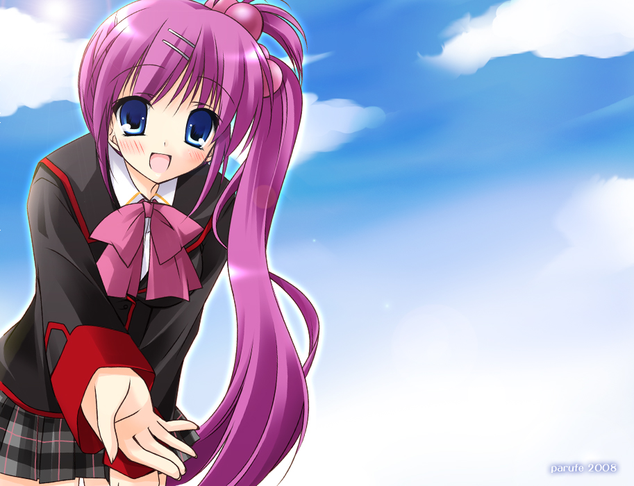 hayashi sakura, saigusa haruka, little busters!, 1girl, blue eyes, blush, bow, cloud, day, female focus, hair bobbles, hair ornament, hairclip, long hair, outstretched arm, outstretched hand, pink bow, plaid clothes, plaid skirt, purple hair, reaching, school uniform, serafuku, side ponytail, skirt, sky, solo