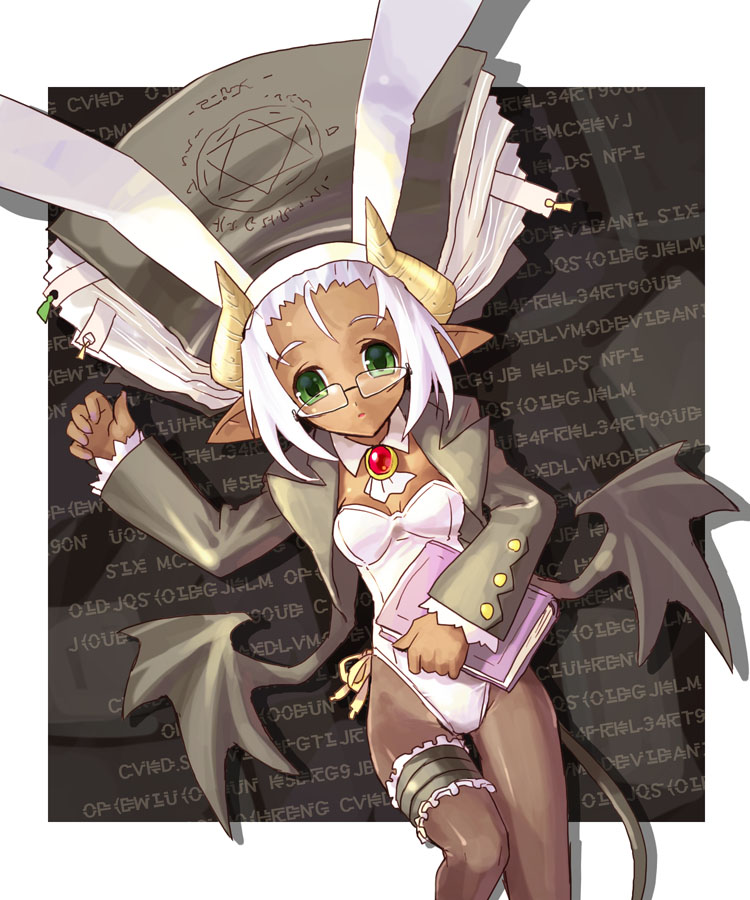 katahira masashi, original, 1girl, animal ears, dark-skinned female, dark skin, detached collar, fake animal ears, female focus, frilled thigh strap, glasses, horns, leotard, outside border, pantyhose, playboy bunny, pointy ears, rabbit ears, solo, tail, thigh strap, wings