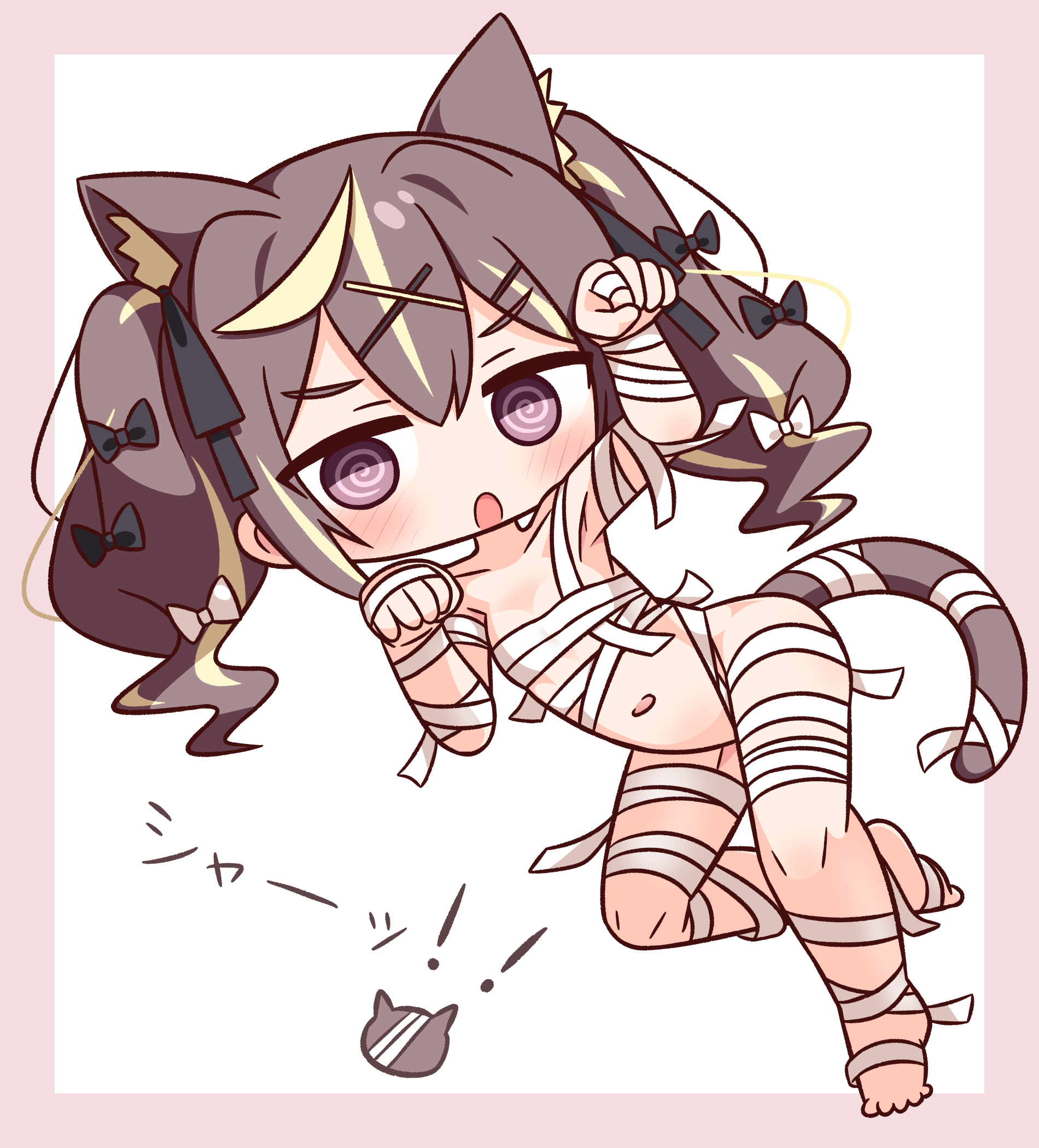 hana kazari, rena (blue archive), blue archive, highres, translation request, !, !!, 1girl, :o, @ @, animal ear fluff, animal ears, arm up, bandages, black bow, blonde hair, blush, border, bow, breasts, brown hair, cat ears, cat girl, cat tail, chibi, full body, hair between eyes, hair bow, hair ornament, hairclip, hand up, looking at viewer, multicolored hair, naked bandage, navel, parted lips, paw pose, pink border, purple eyes, small breasts, solo, streaked hair, tail, twintails, v-shaped eyebrows, white background, white bow, x hair ornament