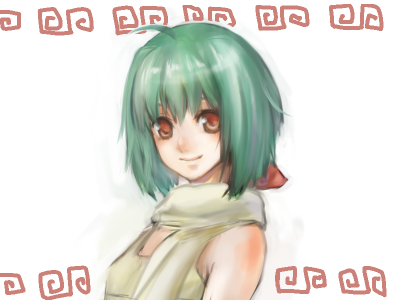 ranka lee, macross, macross frontier, 00s, green hair, red eyes, scarf, smile, solo