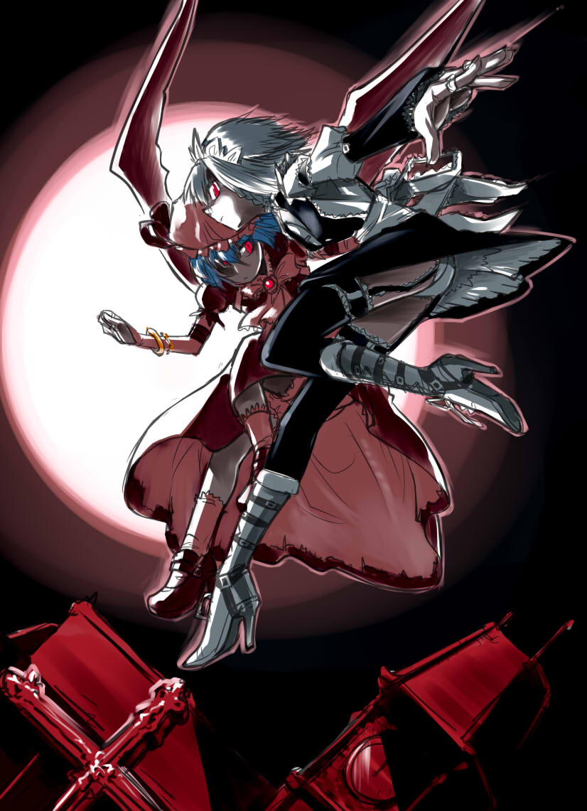 04bou, izayoi sakuya, remilia scarlet, touhou, silver hair, 2girls, armor, armored boots, blue hair, boots, dress, female focus, from side, full body, hat, knee boots, mob cap, multiple girls, pink dress, profile, puffy short sleeves, puffy sleeves, short hair, short sleeves
