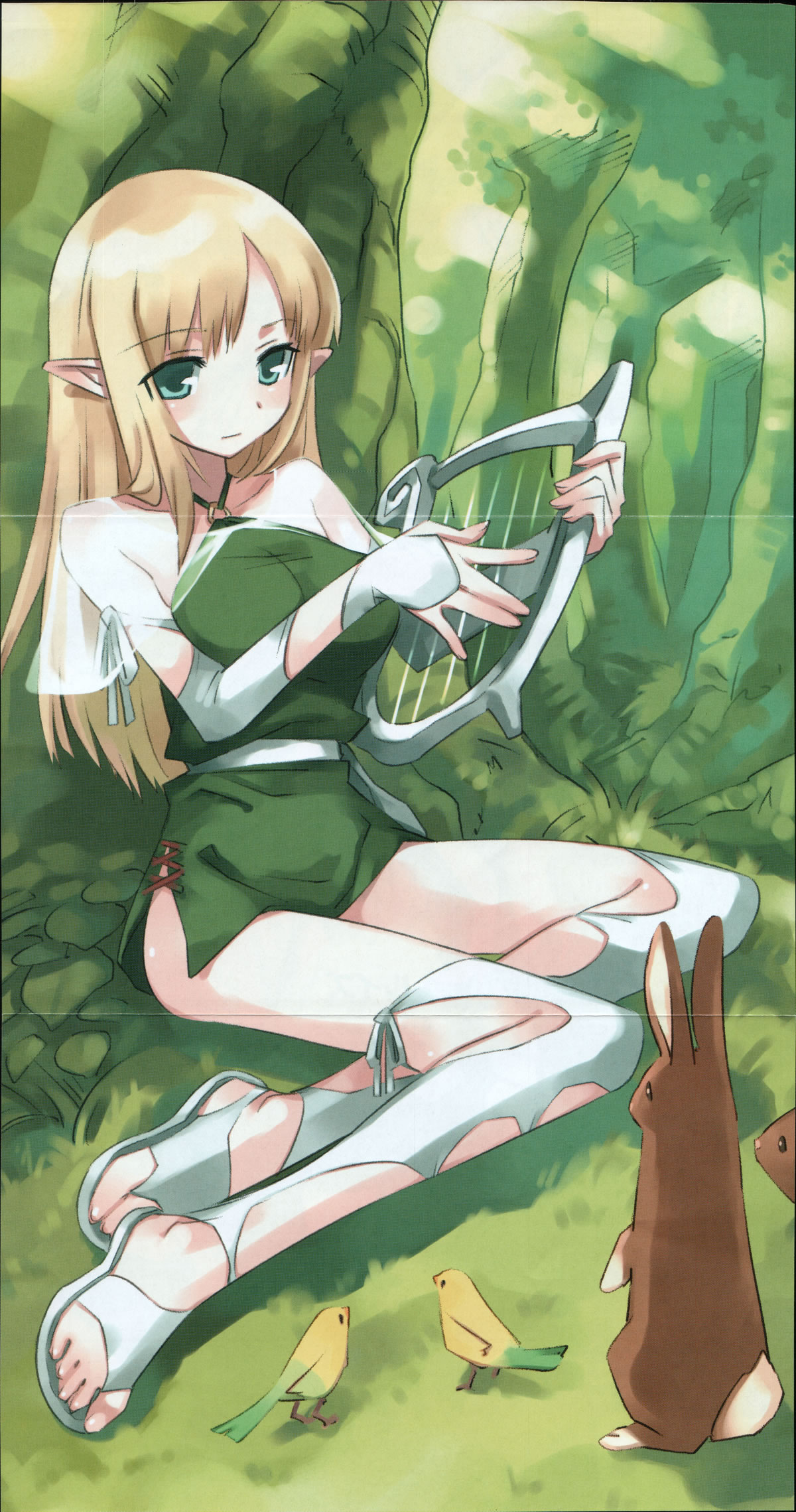 usatsuka eiji, tiffania westwood, zero no tsukaima, highres, scan, 00s, 1girl, bird, blonde hair, elf, female focus, green eyes, halterneck, harp, instrument, long legs, miniskirt, pointy ears, rabbit, sandals, skirt, solo, thighhighs, white thighhighs