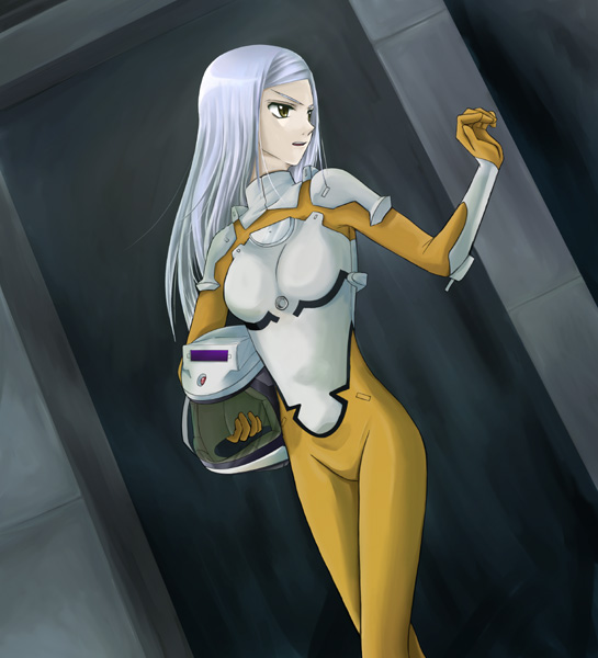 marie parfacy, soma peries, gundam, gundam 00, 00s, 1girl, bodysuit, female focus, helmet, holding, holding unworn helmet, solo, unworn helmet, white hair