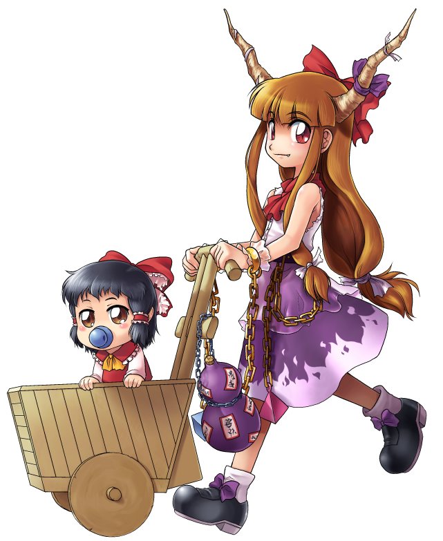 04bou, hakurei reimu, ibuki suika, touhou, white legwear, 2girls, aged down, baby, blouse, blunt bangs, fang, fang out, female focus, full body, multiple girls, shirt, simple background, skirt, socks, torn clothes, torn sleeves, white background, white shirt