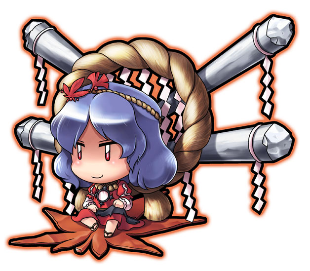 04bou, yasaka kanako, touhou, 1girl, blue hair, brooch, chibi, dress, female focus, full body, gem, hair ornament, jewelry, leaf hair ornament, pillar, puffy short sleeves, puffy sleeves, red dress, red eyes, rock, rope, short hair, short sleeves, simple background, sitting, solo, white background