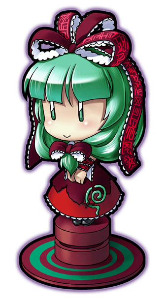04bou, kagiyama hina, touhou, 1girl, bow, chibi, dress, female focus, frills, front ponytail, full body, green eyes, hair bow, pillar, puffy short sleeves, puffy sleeves, red bow, red dress, shawl, short hair, short sleeves, solo, standing, wrist cuffs