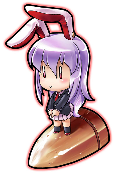 04bou, reisen udongein inaba, touhou, 1girl, animal ears, bullet, chibi, female focus, full body, rabbit ears, simple background, solo, standing, white background