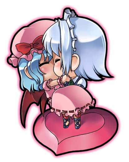 04bou, izayoi sakuya, remilia scarlet, touhou, silver hair, 2girls, bat wings, blue hair, blush, bow, braid, carrying, chibi, closed eyes, couple, female focus, hat, heart, kiss, multiple girls, pink hat, short hair, wings, yuri