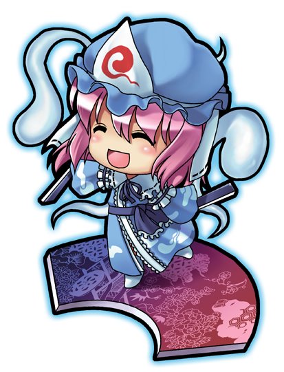 04bou, saigyouji yuyuko, touhou, 1girl, chibi, female focus, goshoguruma, hat, hexagon, honeycomb pattern, saigyouji yuyuko's fan design, shippou (pattern), solo