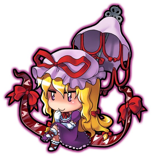 04bou, yakumo yukari, touhou, 1girl, chibi, female focus, gap (touhou), hair between eyes, hat, solo, white background