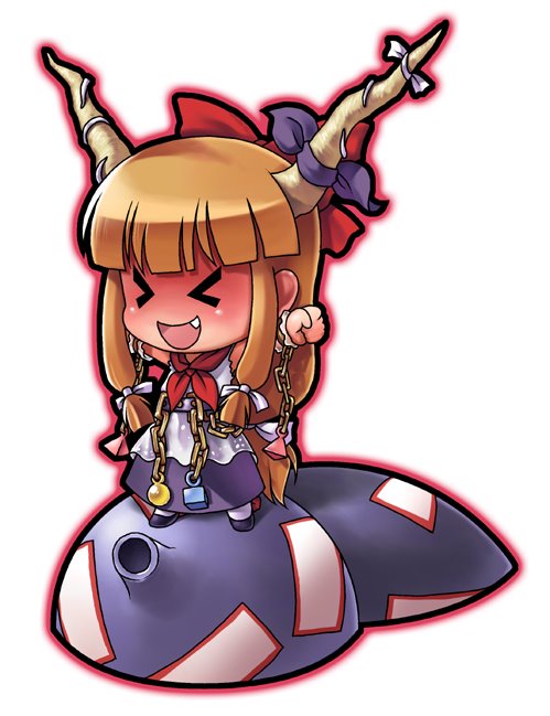 04bou, ibuki suika, touhou, > <, 1girl, arms up, blush, bow, brown theme, chain, chibi, closed eyes, fang, female focus, full body, hair bow, horns, long hair, open mouth, simple background, solo, twintails, very long hair