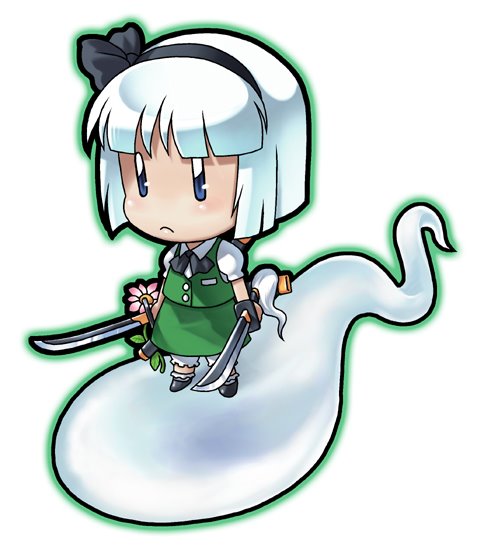 04bou, konpaku youmu, konpaku youmu (ghost), touhou, 1girl, chibi, female focus, hitodama, katana, solo, sword, weapon