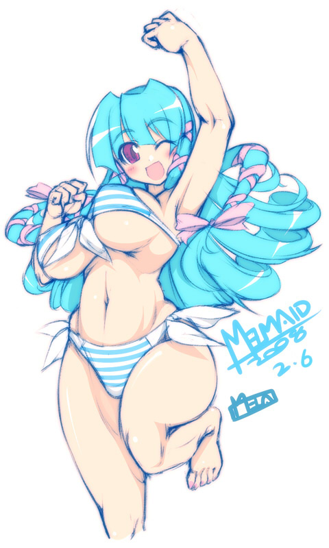 mel/a, melmaid, original, 1girl, arm up, armpits, barefoot, bikini, blue hair, breasts, character name, curvy, feet, female focus, huge breasts, long hair, navel, one eye closed, open mouth, plump, red eyes, sidelocks, smile, solo, striped bikini, striped clothes, swimsuit, underboob, wink